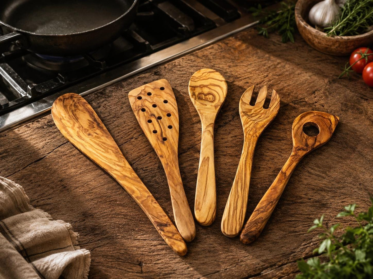 Olive Wood Kitchen Utensil Set of 5, Handmade Wooden Cooking Spoons, Rustic Housewarming Gift, Kitchen Gift for Cook
