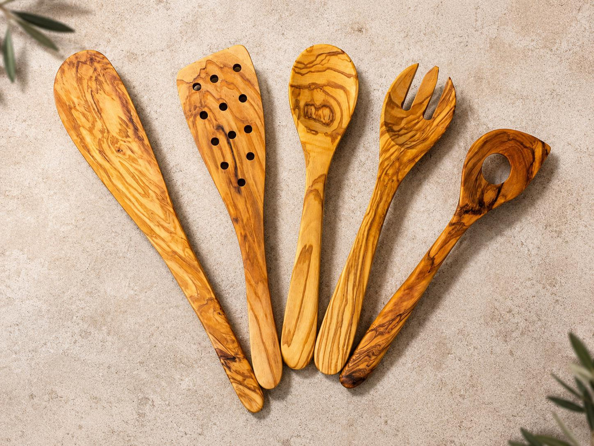 Olive Wood Kitchen Utensil Set of 5, Handmade Wooden Cooking Spoons, Rustic Housewarming Gift, Kitchen Gift for Cook