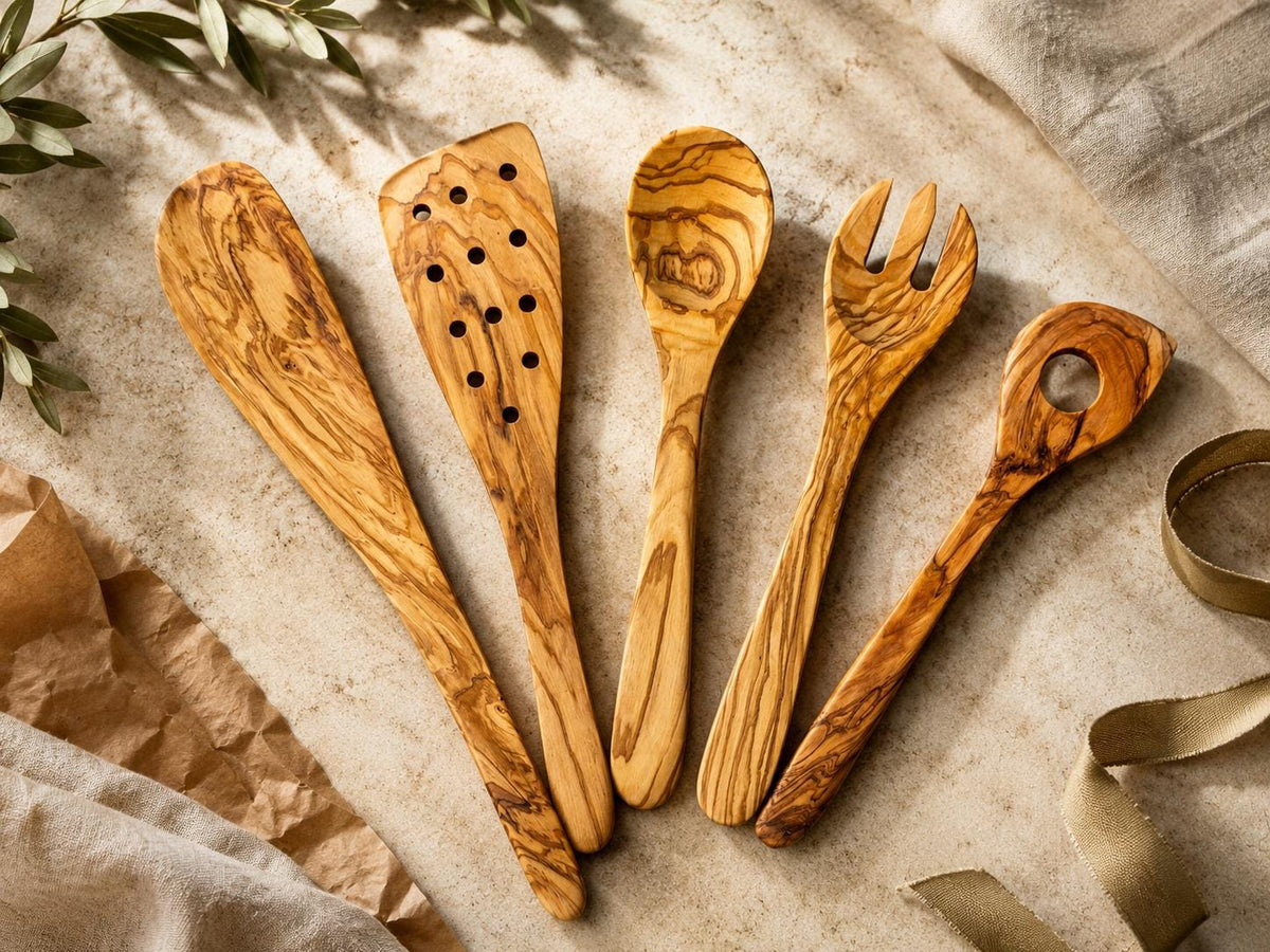 Olive Wood Kitchen Utensil Set of 5, Handmade Wooden Cooking Spoons, Rustic Housewarming Gift, Kitchen Gift for Cook