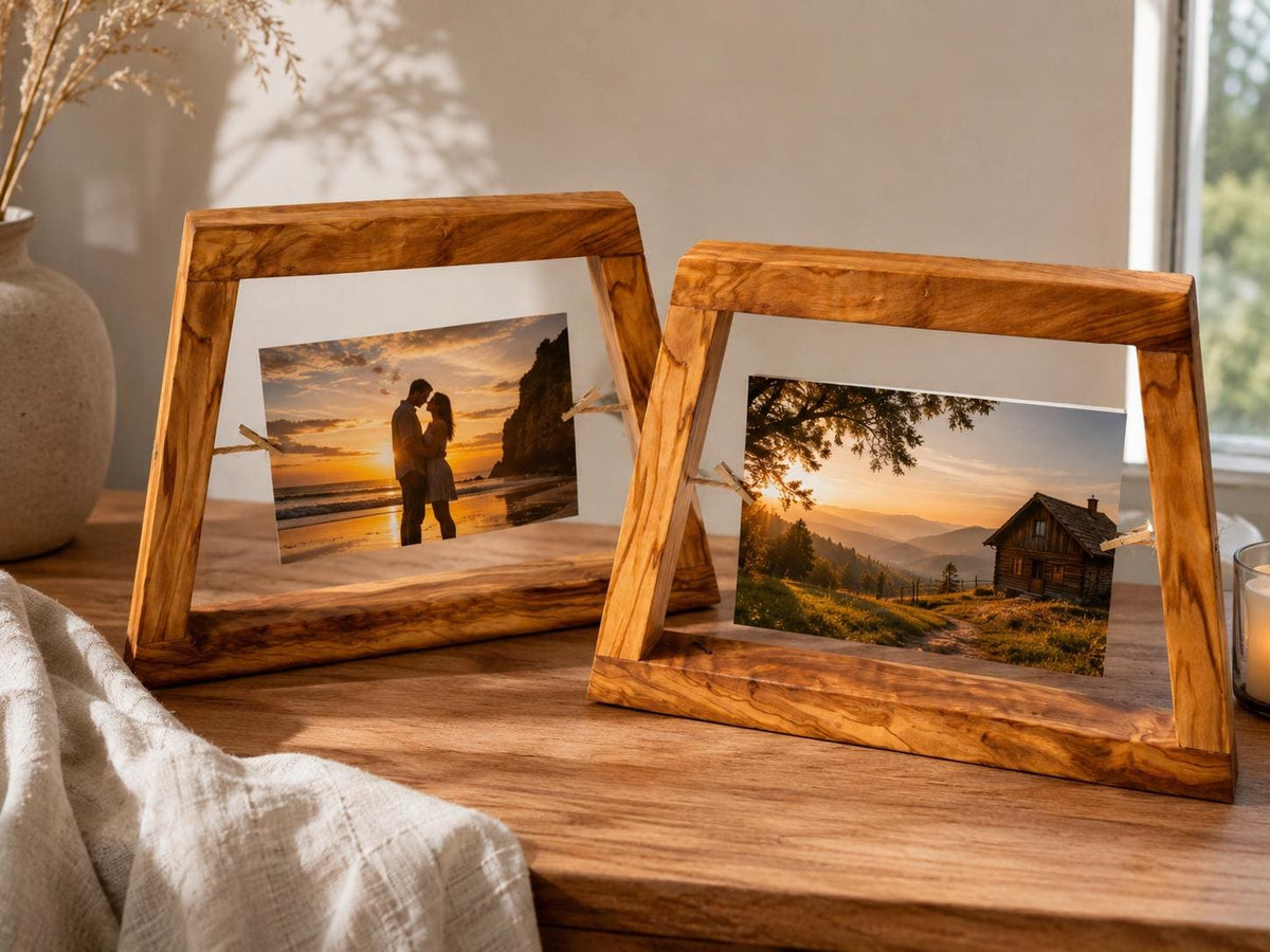 Personalized Olive Wood Photo Frames Set of 2, Rustic Wedding Gift, Anniversary Gift for Couple, Handmade Memory Frames