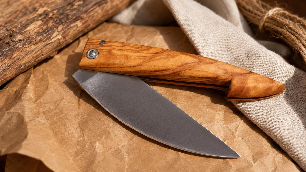 Handmade Folding Pocket Knife, Olive Wood Handle, Stainless Steel Blade, Gift for Him