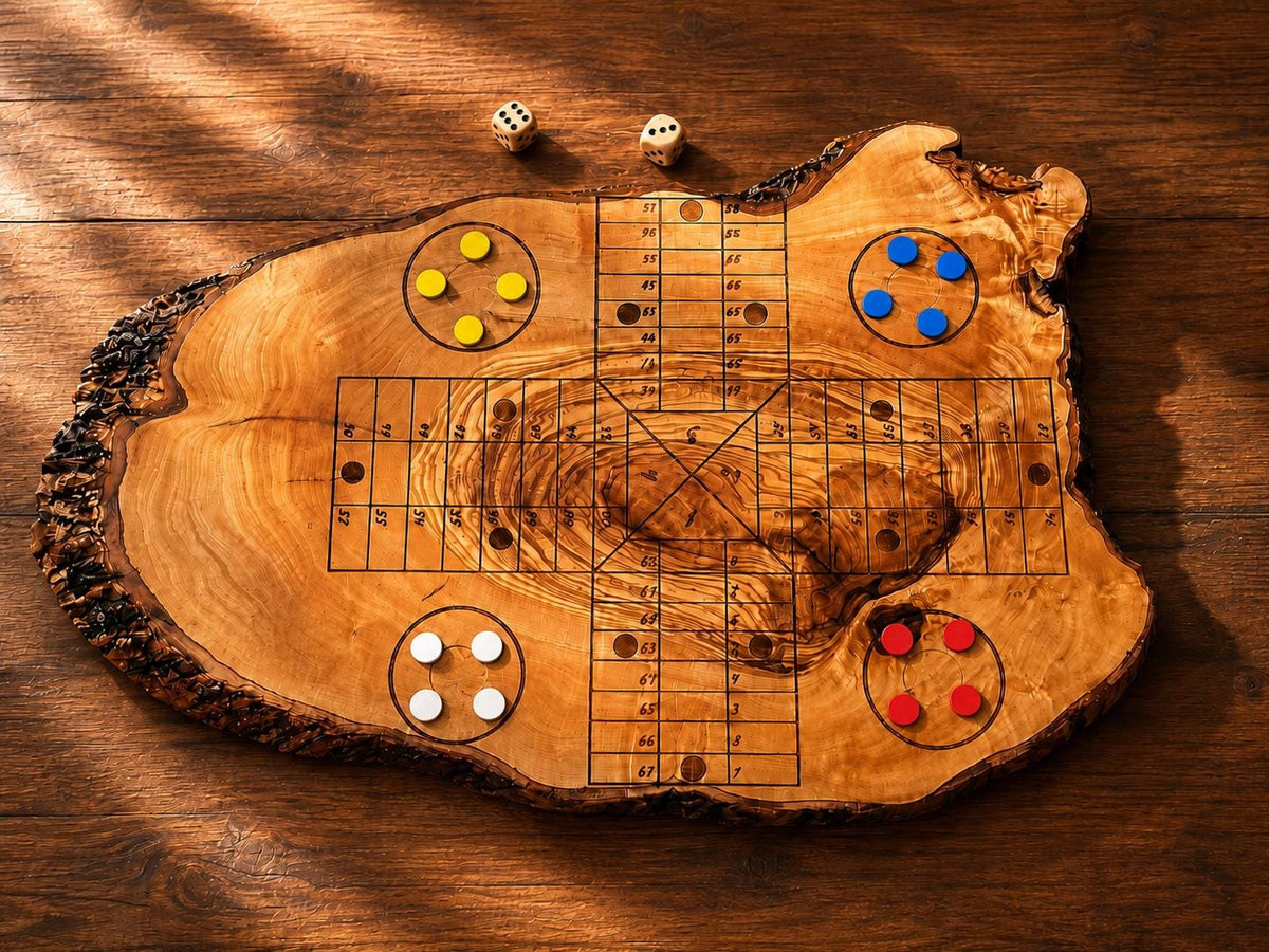 Handmade Olive Wood Ludo Board Game, Rustic Parcheesi Game, Family Wooden Game Gift
