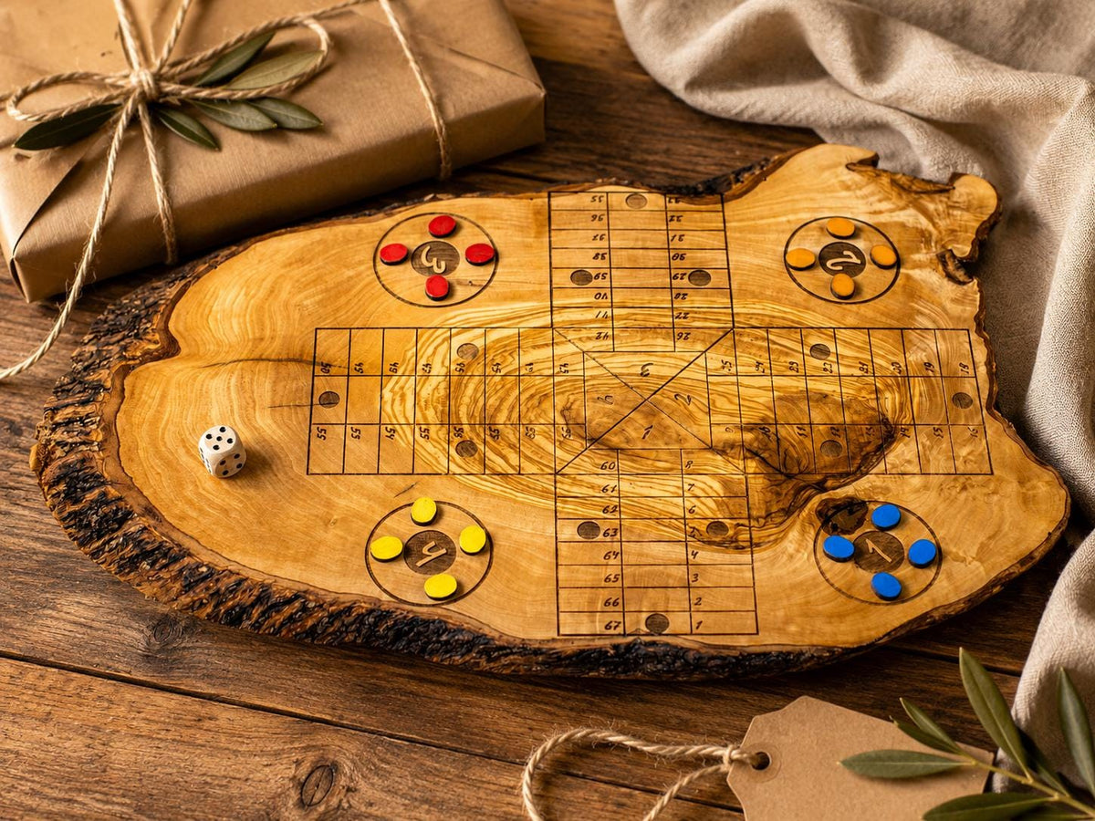 Handmade Olive Wood Ludo Board Game, Rustic Parcheesi Game, Family Wooden Game Gift