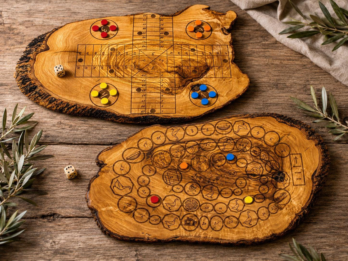 Handmade Olive Wood Ludo Board Game, Rustic Parcheesi Game, Family Wooden Game Gift