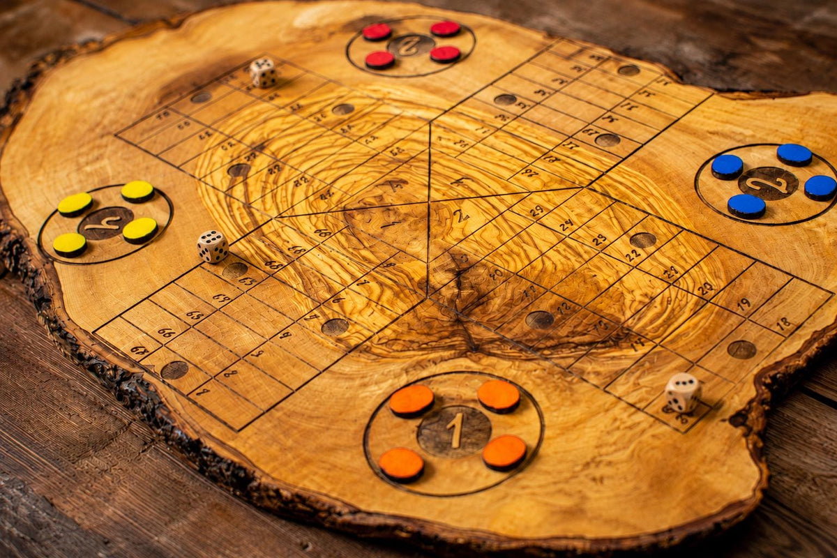 Handmade Olive Wood Ludo Board Game, Rustic Parcheesi Game, Family Wooden Game Gift