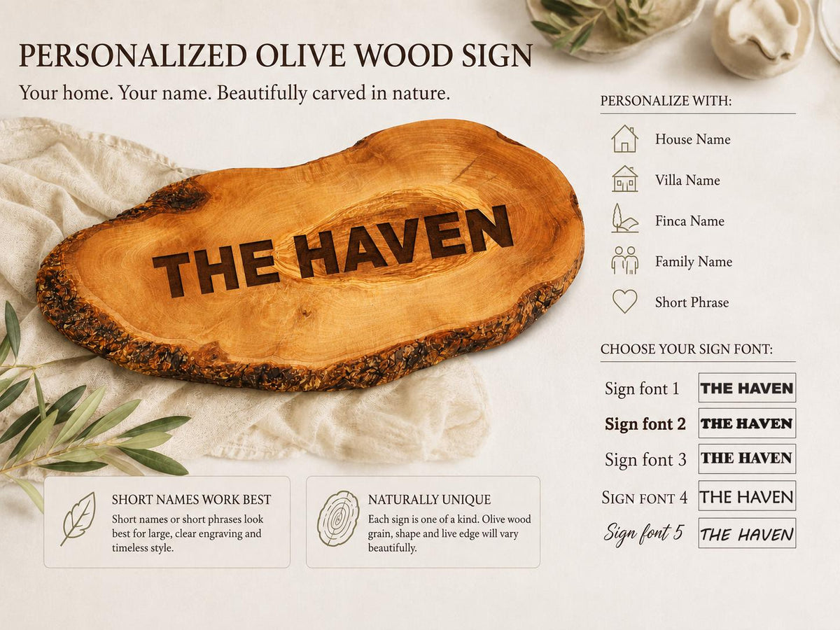 Personalized Olive Wood House Sign, Custom Finca Name Plaque, Rustic Villa Sign