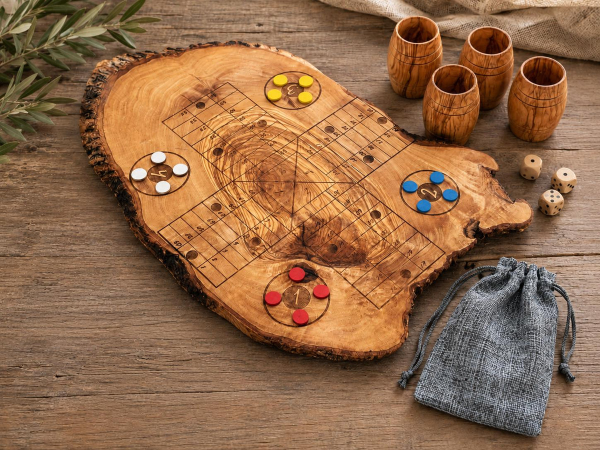 Handmade Olive Wood Ludo Board Game, Rustic Parcheesi Game, Family Wooden Game Gift