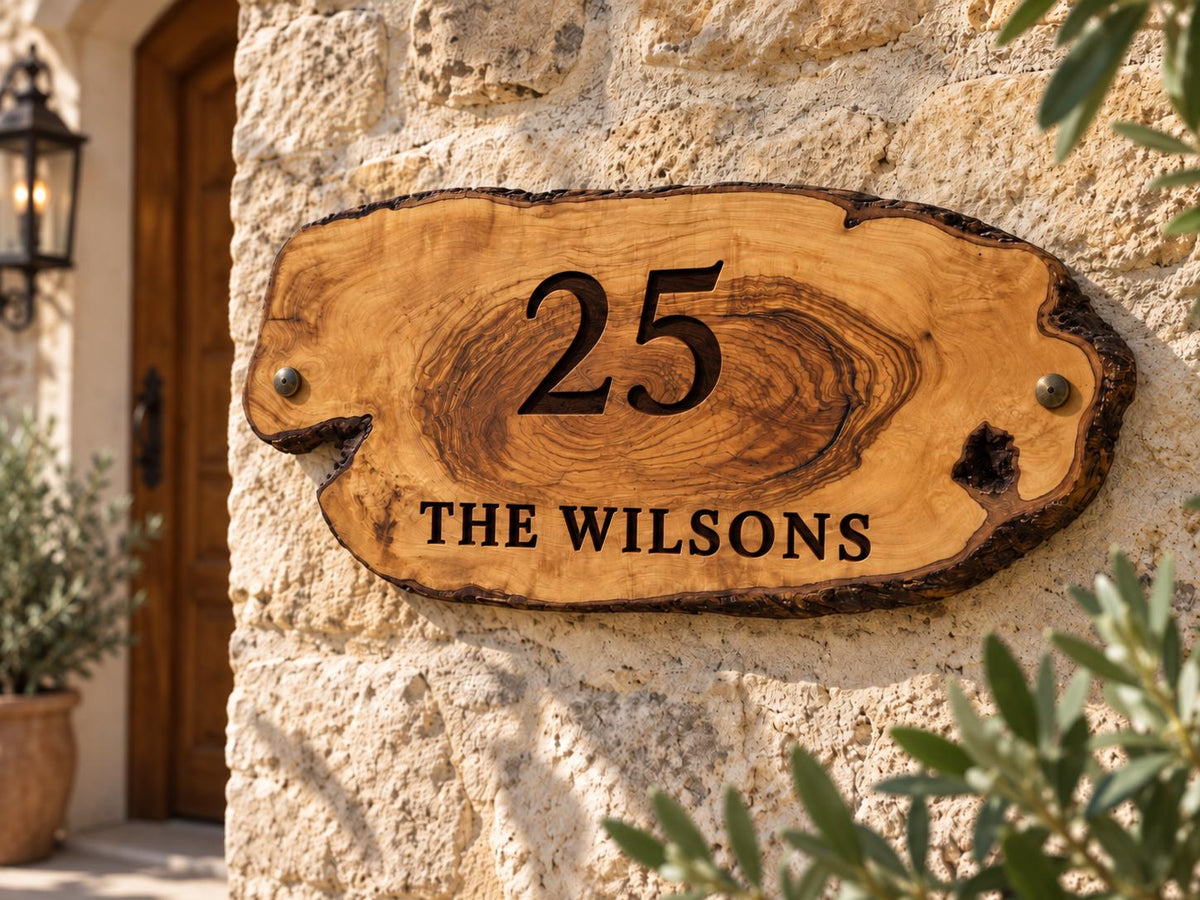 Personalized Olive Wood Address Sign, Custom House Number Plaque, Family Name Sign