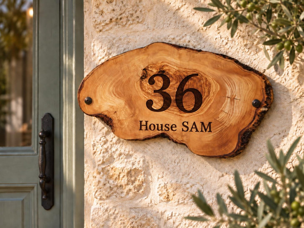 Personalized Olive Wood Address Sign, Custom House Number Plaque, Family Name Sign