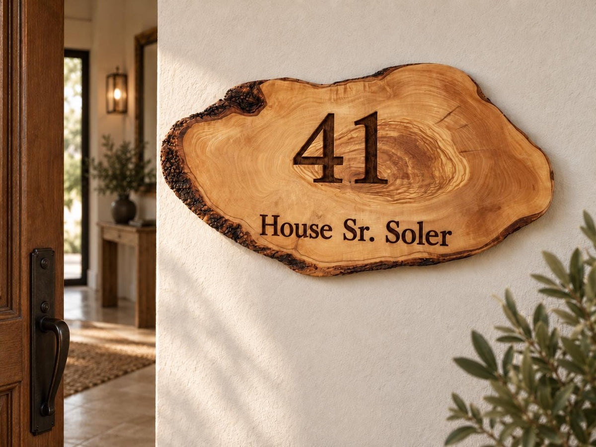 Personalized Olive Wood Address Sign, Custom House Number Plaque, Family Name Sign