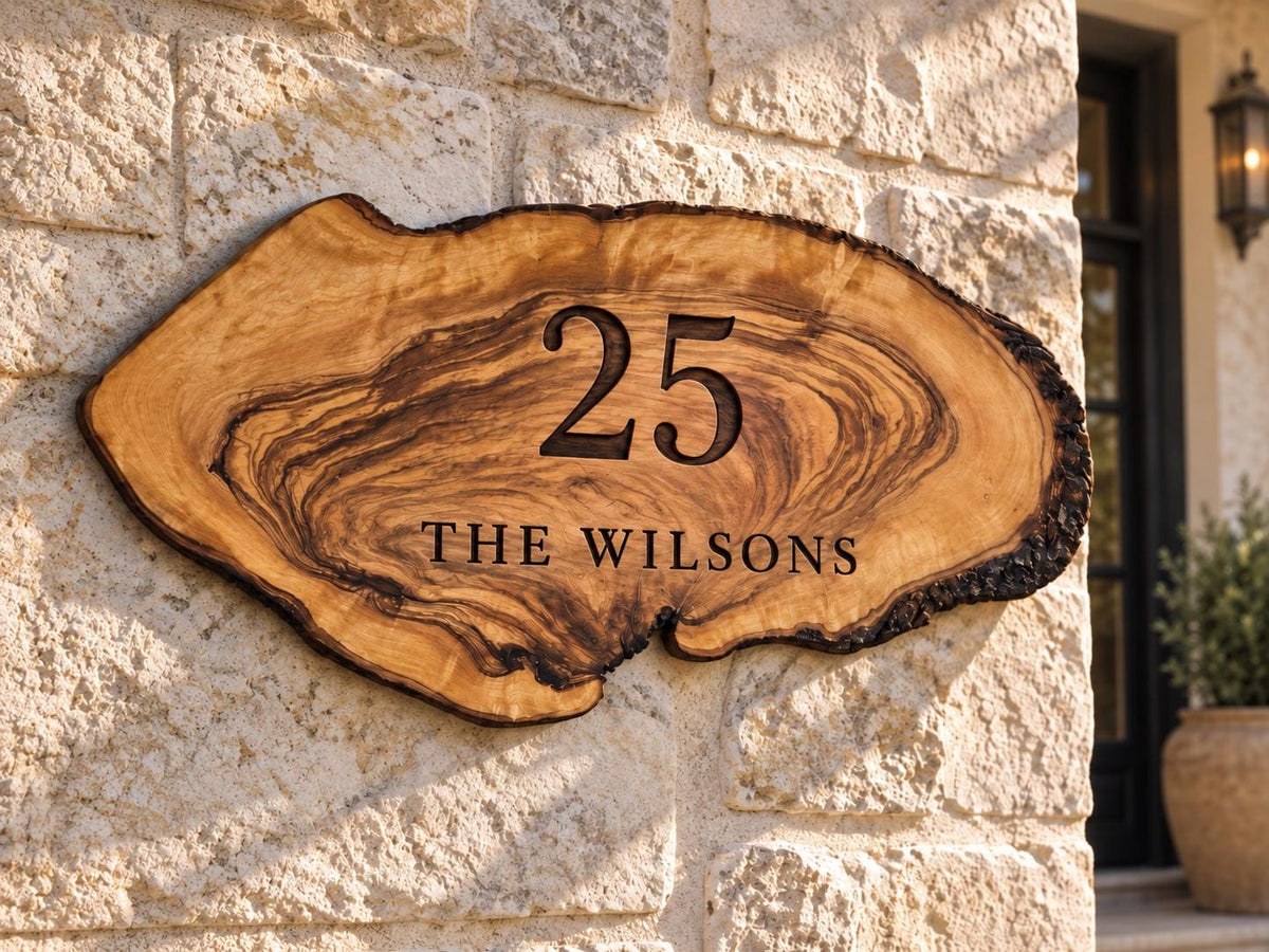 Personalized Olive Wood Address Sign, Custom House Number Plaque, Family Name Sign