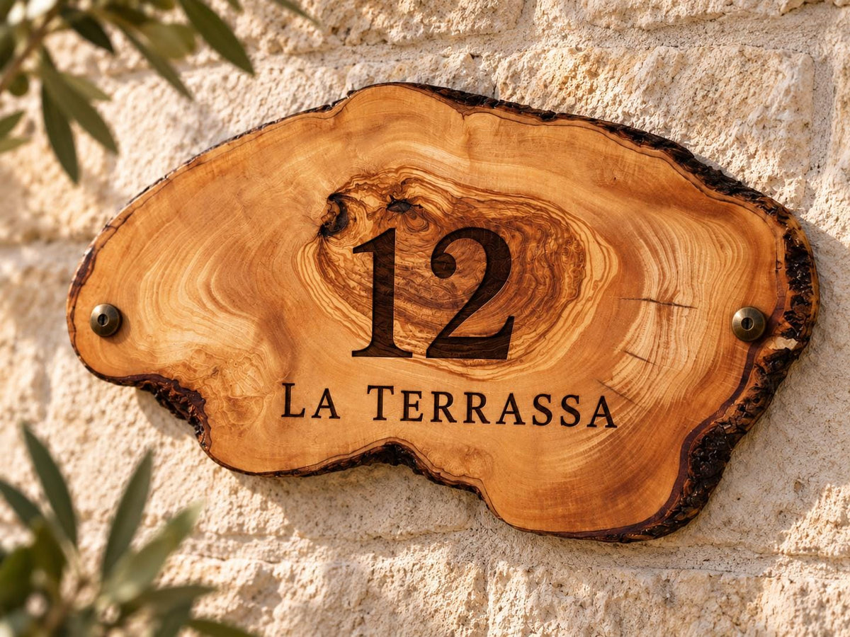 Personalized Olive Wood Address Sign, Custom House Number Plaque, Family Name Sign