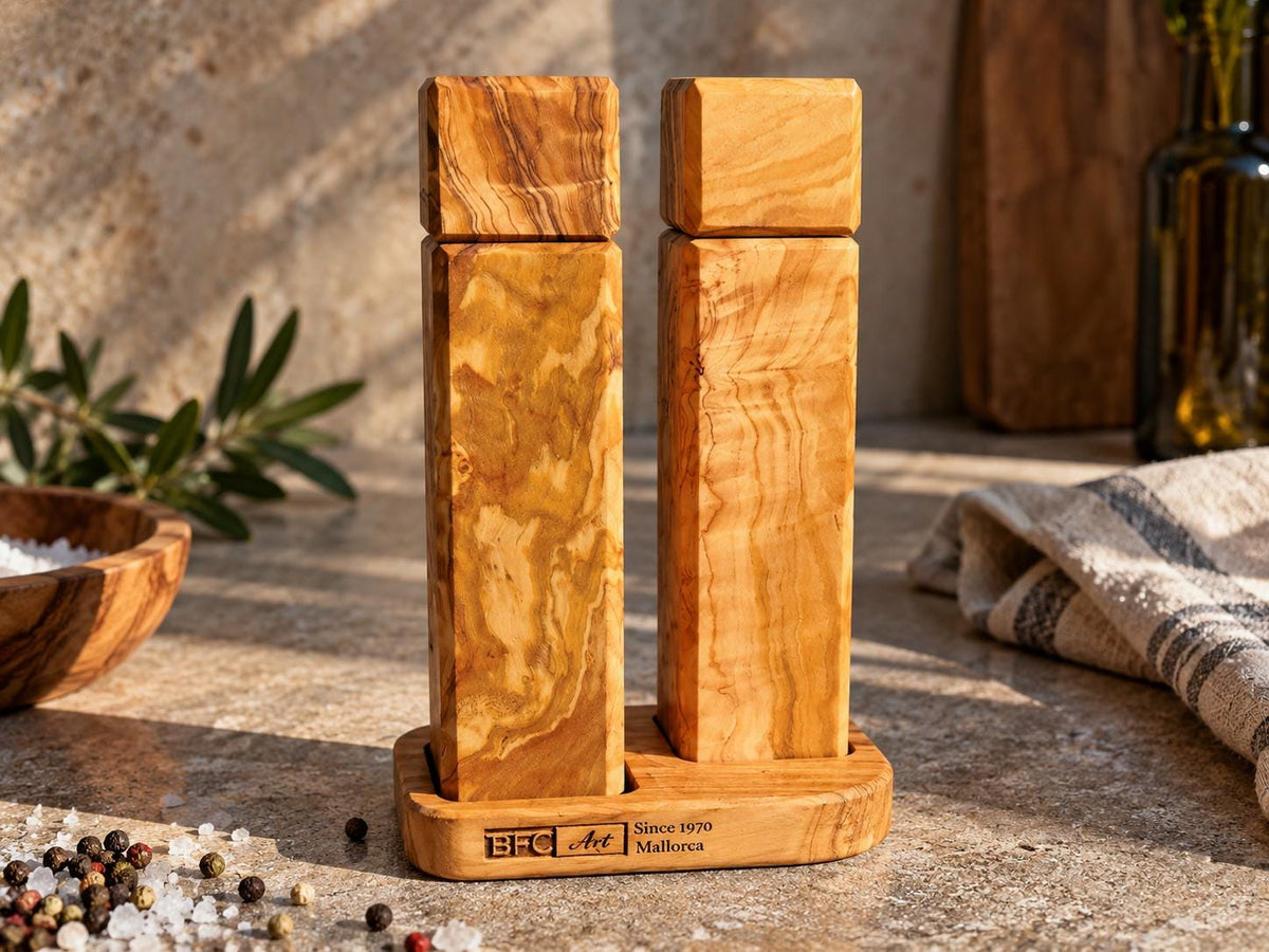 Olive Wood Salt and Pepper Grinder Set with Stand, Handmade Square Mills, Kitchen Gift