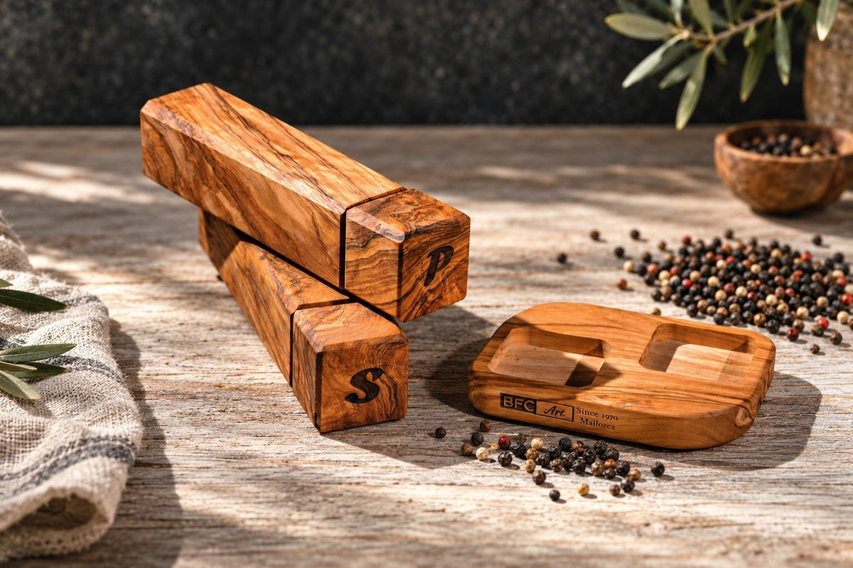 Olive Wood Salt and Pepper Grinder Set with Stand, Handmade Square Mills, Kitchen Gift