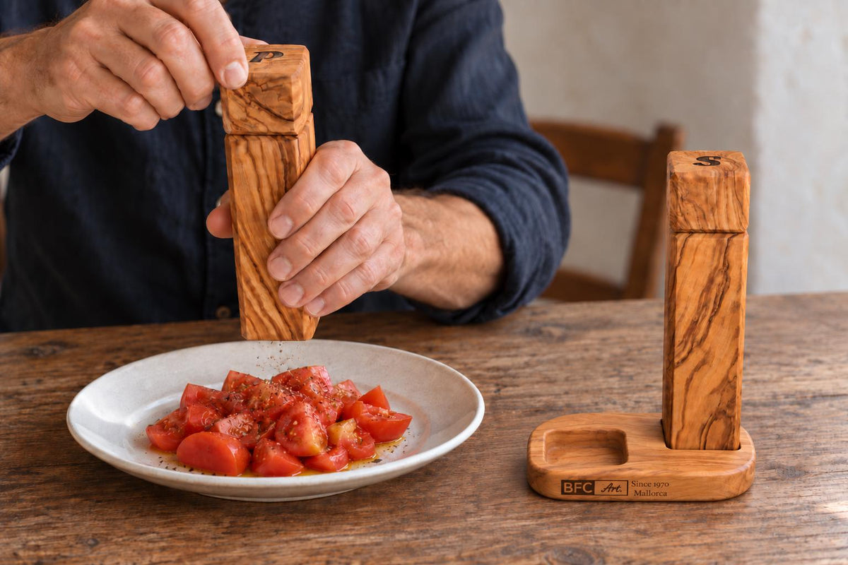 Olive Wood Salt and Pepper Grinder Set with Stand, Handmade Square Mills, Kitchen Gift