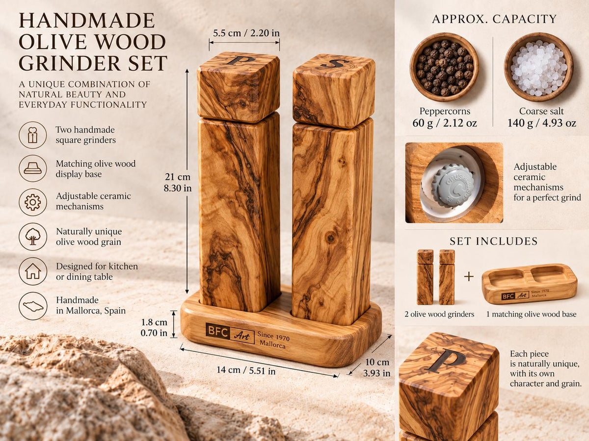 Olive Wood Salt and Pepper Grinder Set with Stand, Handmade Square Mills, Kitchen Gift