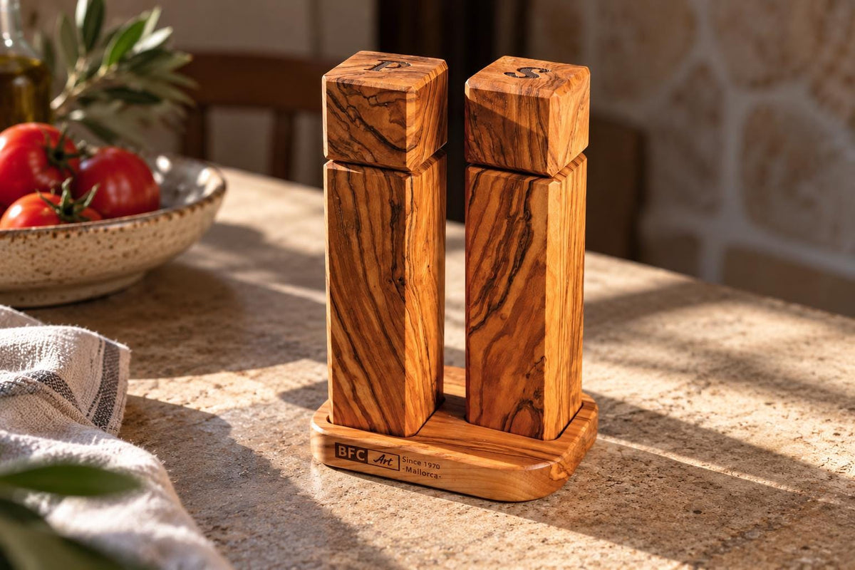 Olive Wood Salt and Pepper Grinder Set with Stand, Handmade Square Mills, Kitchen Gift