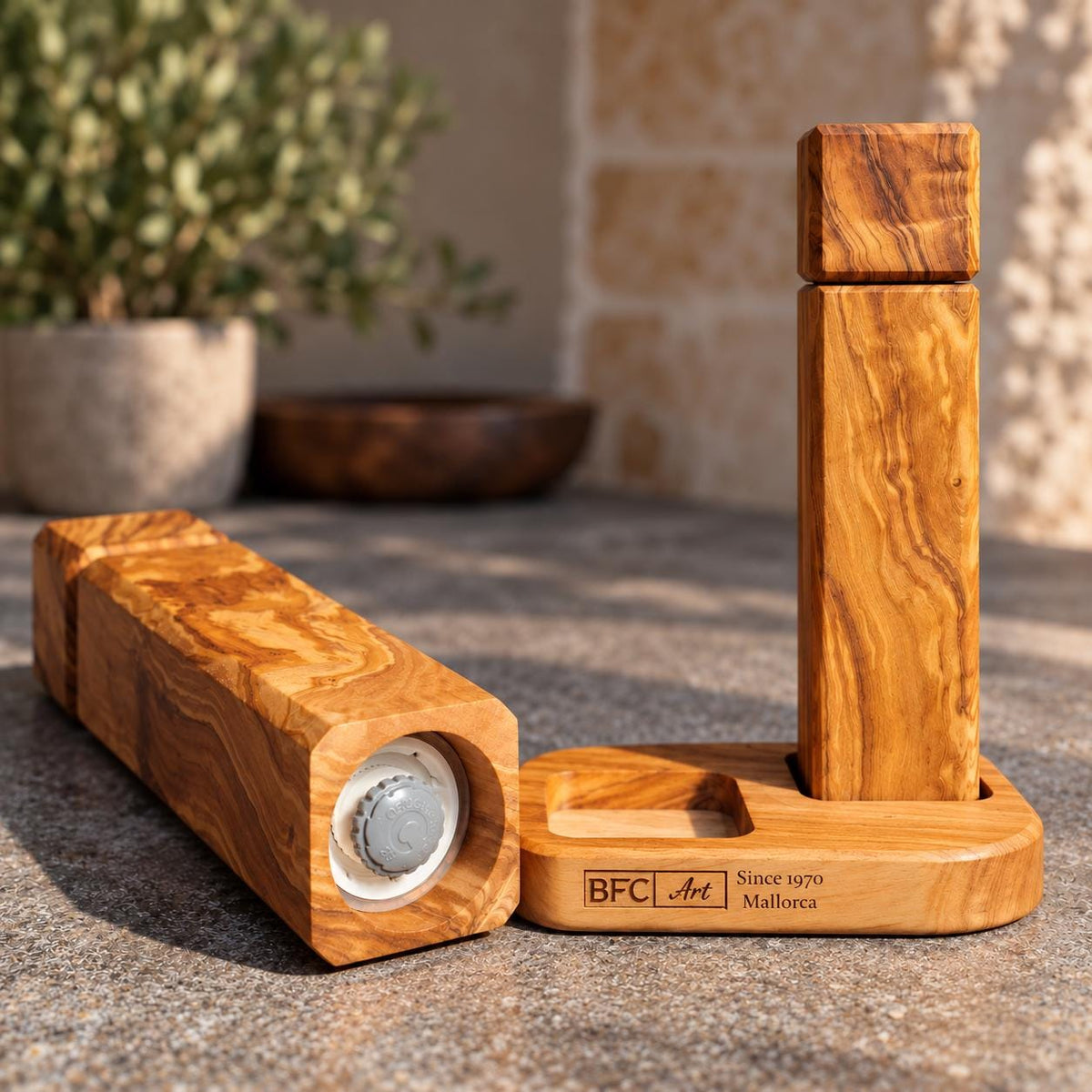 Olive Wood Salt and Pepper Grinder Set with Stand, Handmade Square Mills, Kitchen Gift