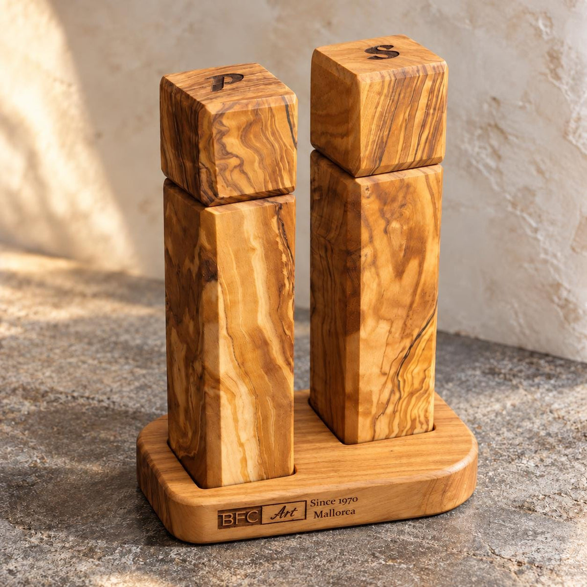 Olive Wood Salt and Pepper Grinder Set with Stand, Handmade Square Mills, Kitchen Gift
