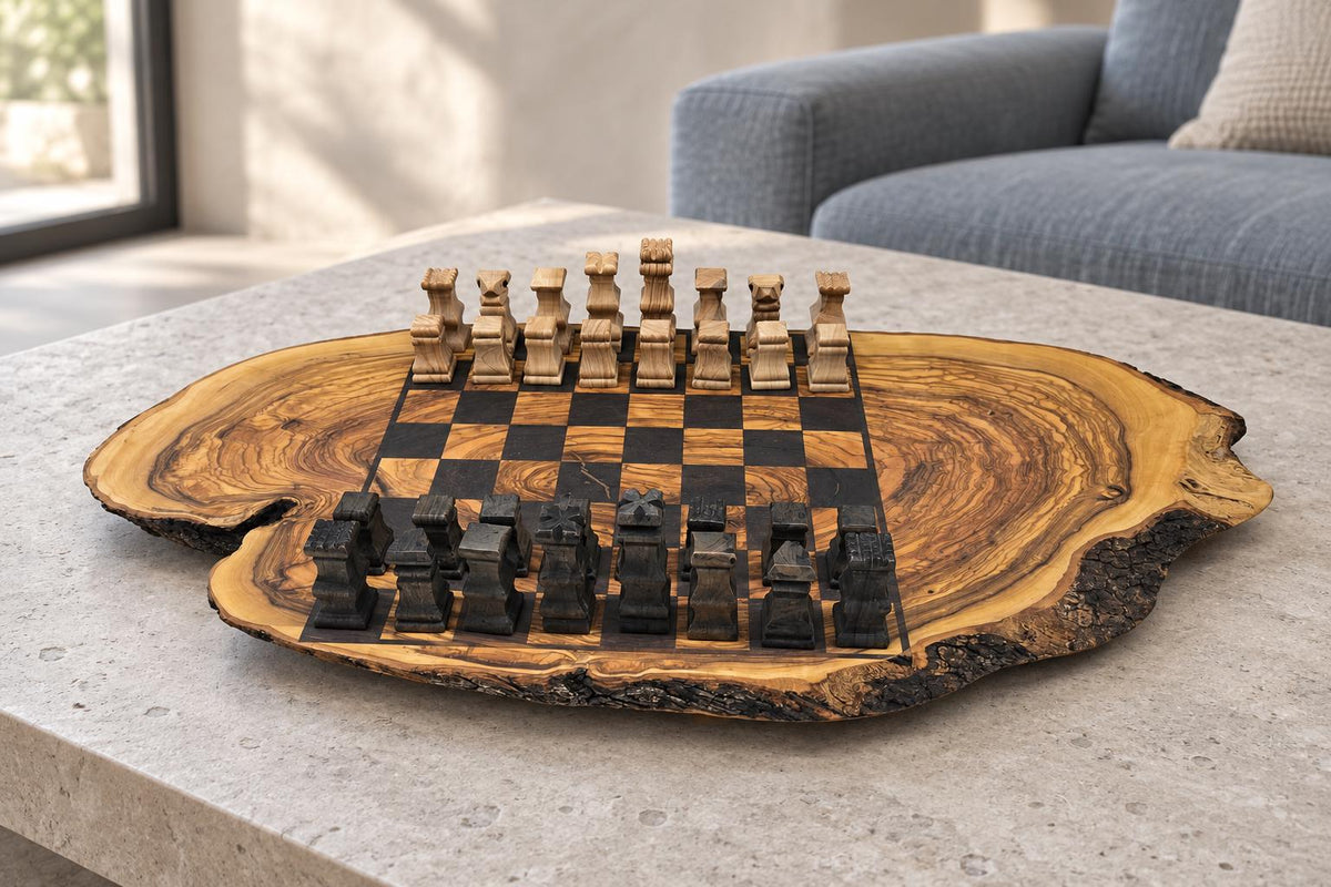 Handmade Olive Wood Chess Set, Rustic Live Edge Chess Board, Premium Wooden Board Game, Gift for Him