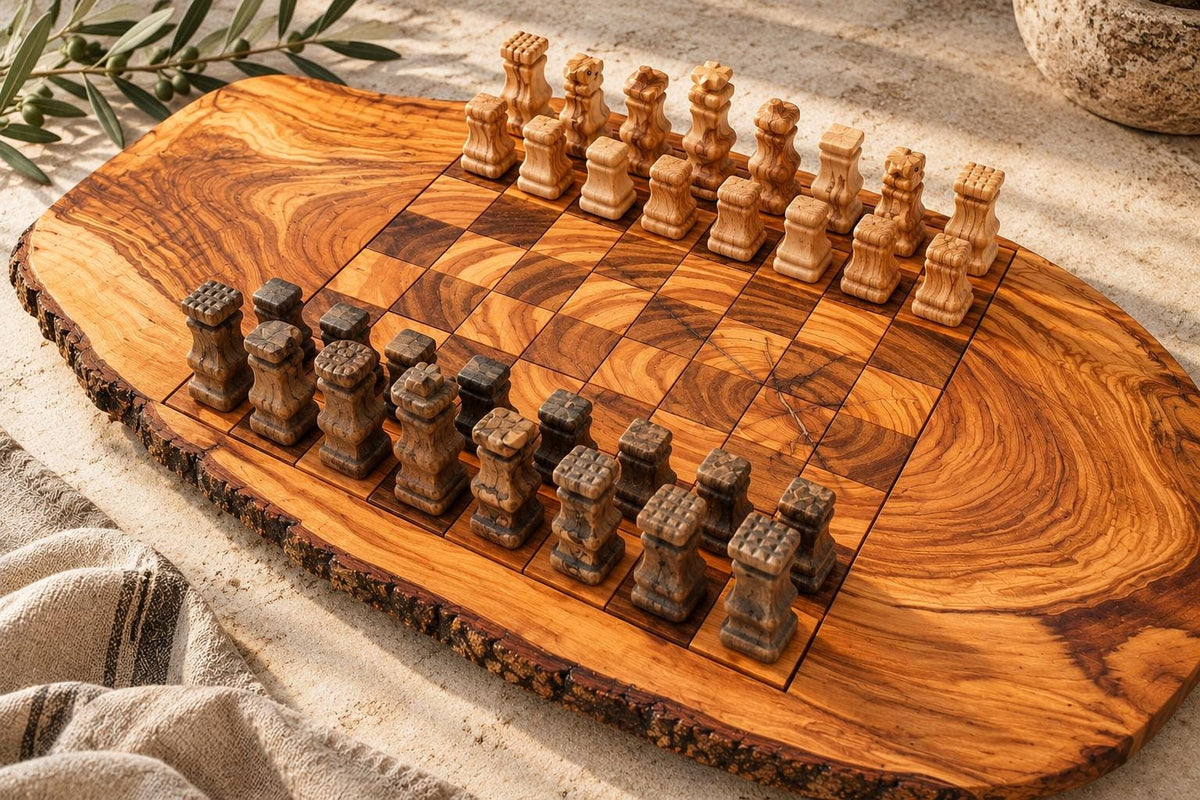 Handmade Olive Wood Chess Set, Rustic Live Edge Chess Board, Premium Wooden Board Game, Gift for Him