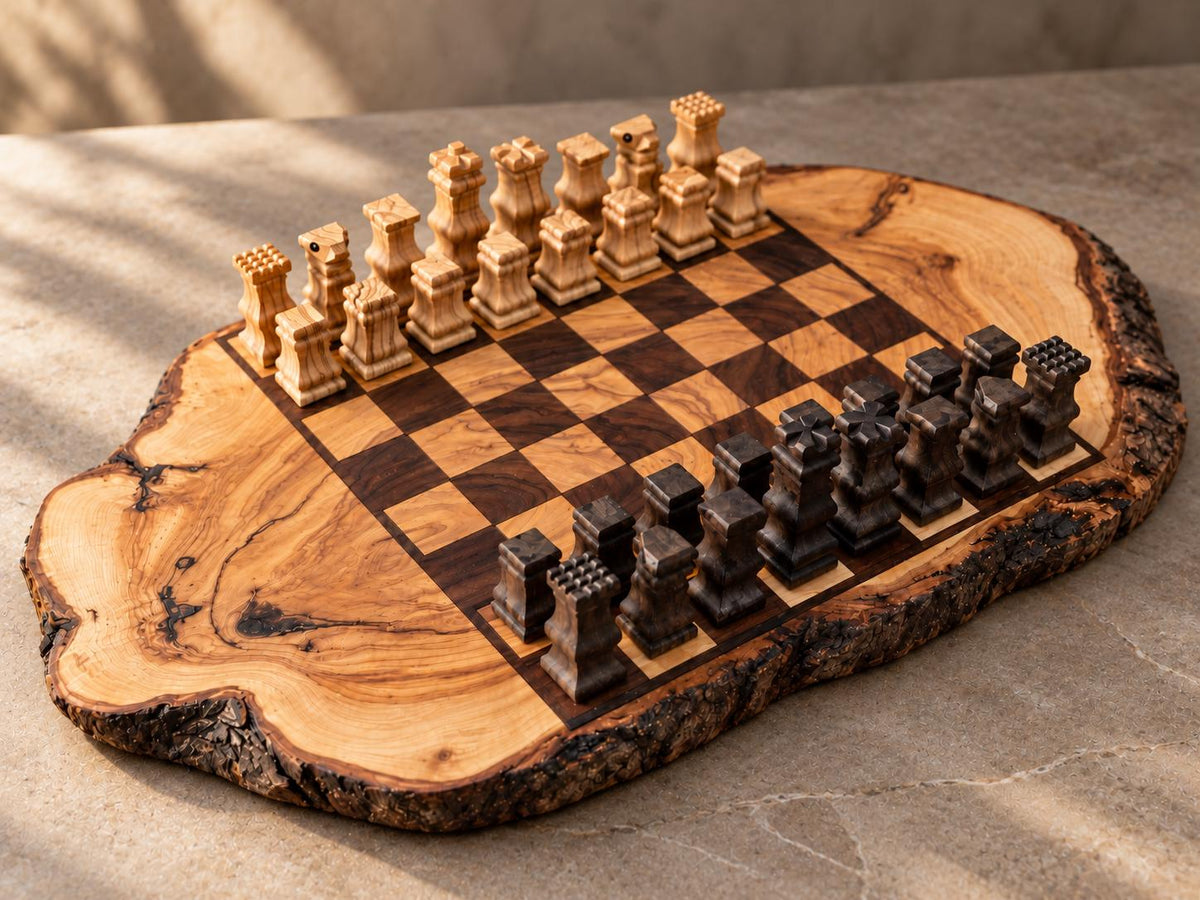 Handmade Olive Wood Chess Set, Rustic Live Edge Chess Board, Premium Wooden Board Game, Gift for Him