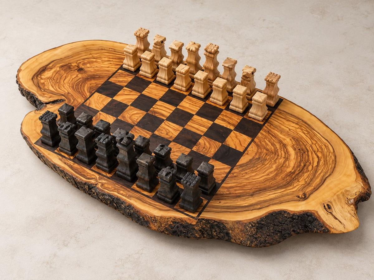 Handmade Olive Wood Chess Set, Rustic Live Edge Chess Board, Premium Wooden Board Game, Gift for Him