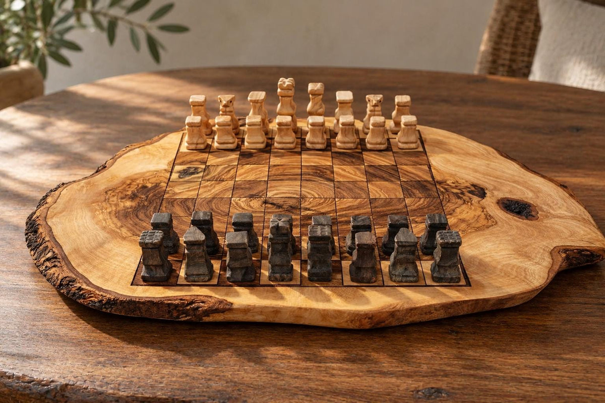 Handmade Olive Wood Chess Set, Rustic Live Edge Chess Board, Premium Wooden Board Game, Gift for Him