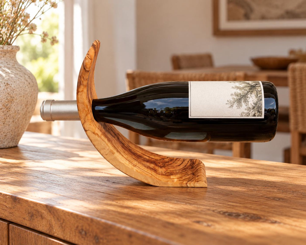 Olive Wood Wine Bottle Holder, Handmade Balancing Tabletop Stand