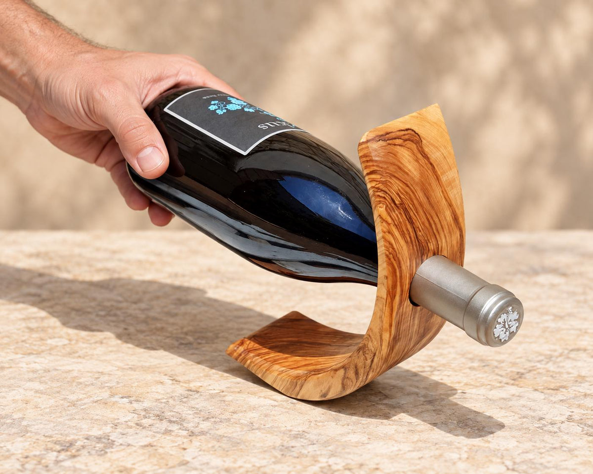 Olive Wood Wine Bottle Holder, Handmade Balancing Tabletop Stand