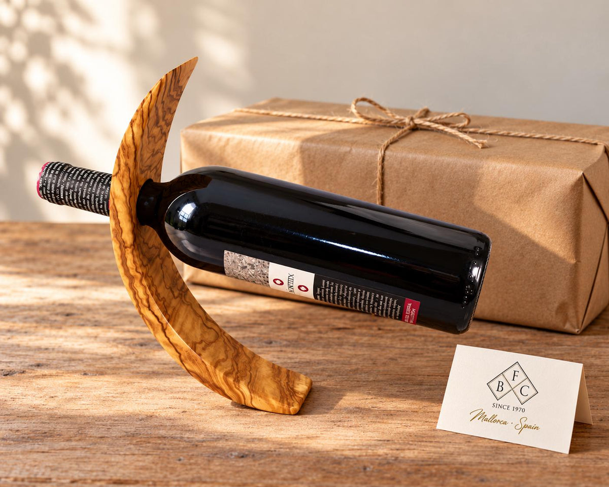 Olive Wood Wine Bottle Holder, Handmade Balancing Tabletop Stand