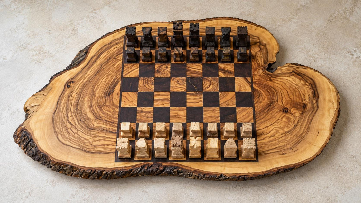 Handmade Olive Wood Chess Set, Rustic Live Edge Chess Board, Premium Wooden Board Game, Gift for Him