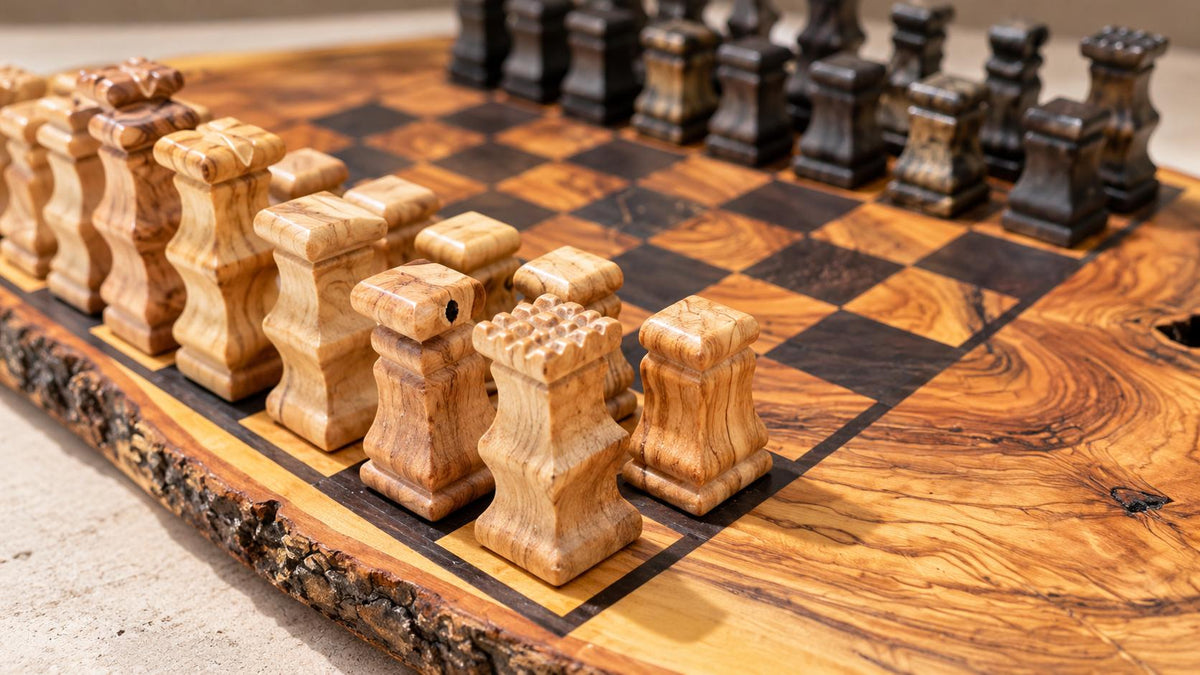 Handmade Olive Wood Chess Set, Rustic Live Edge Chess Board, Premium Wooden Board Game, Gift for Him