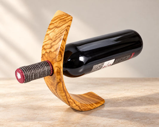 Olive Wood Wine Bottle Holder, Handmade Balancing Tabletop Stand