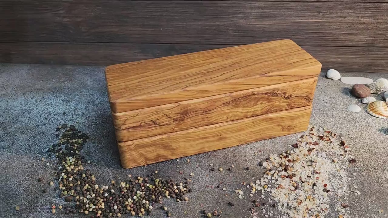 Handmade Olive Wood Salt Box, 6-Compartment Spice Organizer