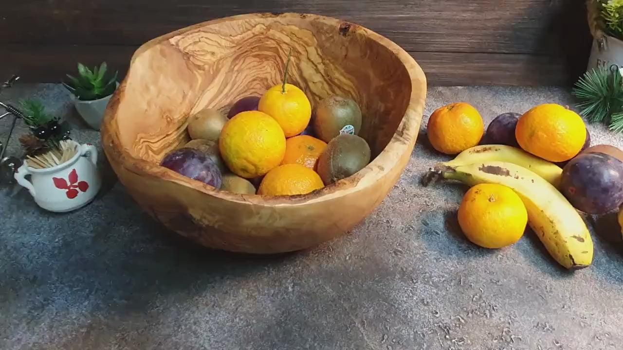 Rustic Olive Wood Salad Bowl, Handmade Live Edge Fruit Bowl
