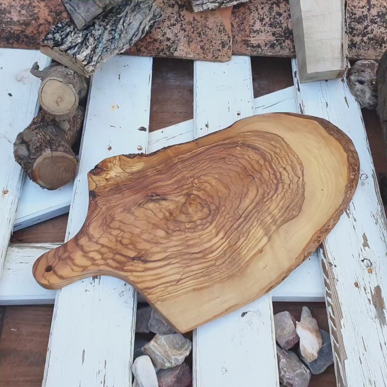 Rustic Olive Wood Cutting Board with Bark Edge, Handmade Handle Board