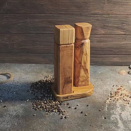 Handcrafted Olive Wood Salt and Pepper Mill Set with Tray