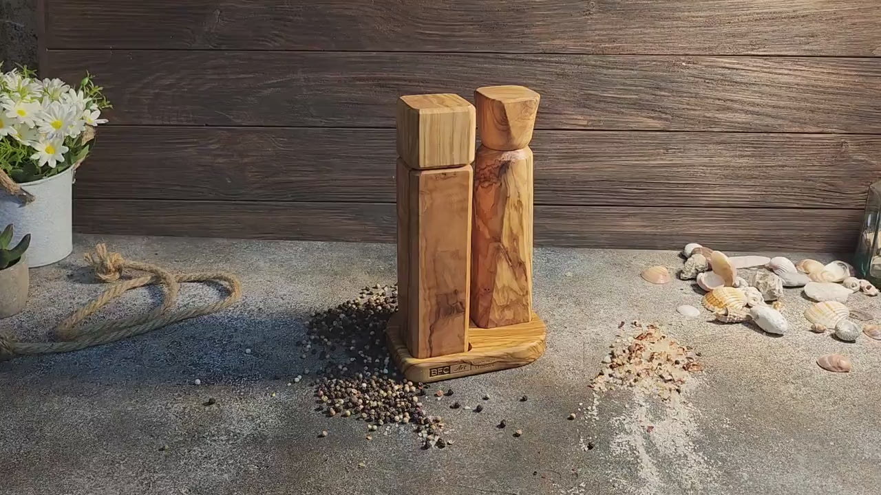 Handcrafted Olive Wood Salt and Pepper Mill Set with Tray