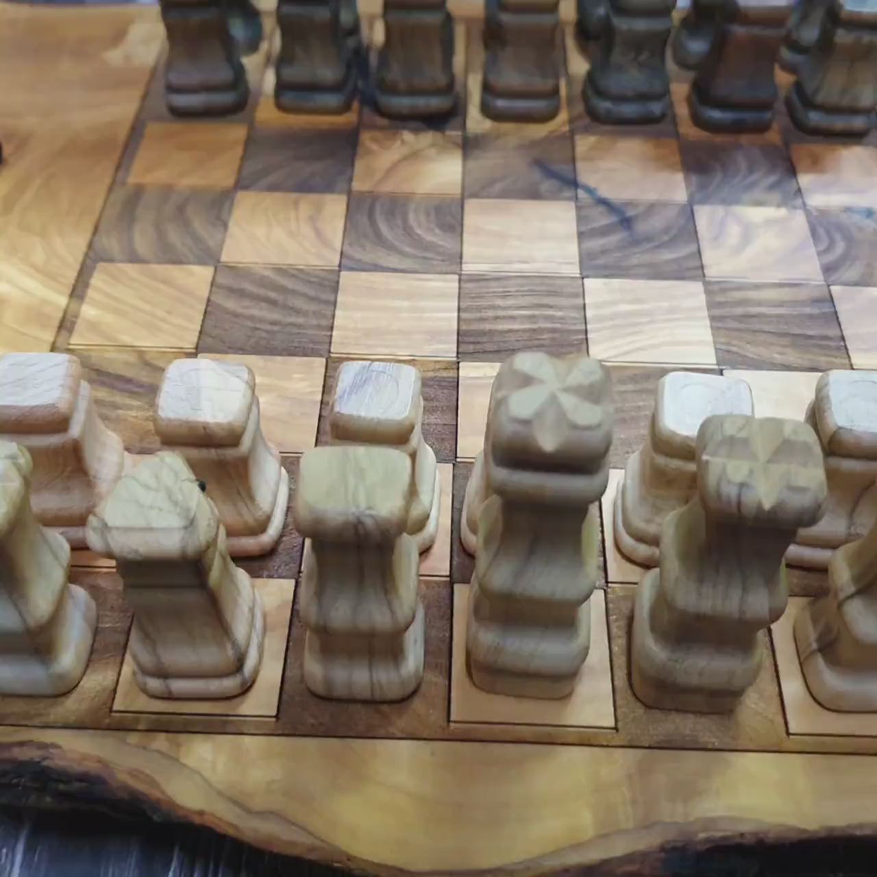 Handmade Olive Wood Chess Set, Rustic Live Edge Chess Board, Premium Wooden Board Game, Gift for Him