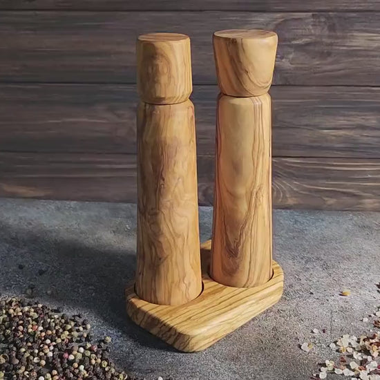 Handcrafted Olive Wood Salt and Pepper Mill Set with Tray
