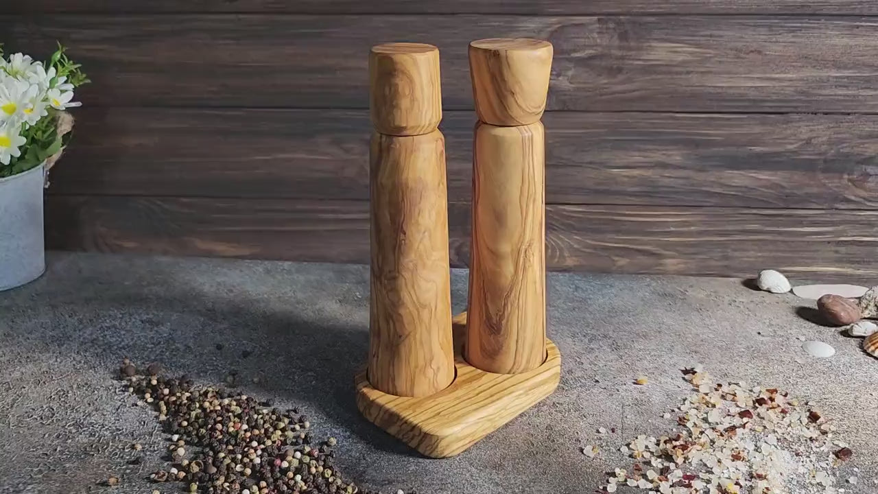 Handcrafted Olive Wood Salt and Pepper Mill Set with Tray