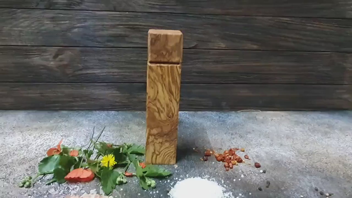 Olive Wood Pepper Mill, Handmade Square Salt Grinder, 1 Wooden Spice Grinder, Rustic Kitchen Gift