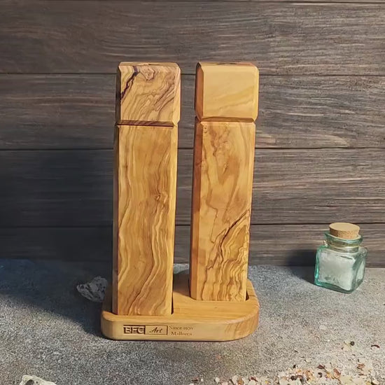 Olive Wood Salt and Pepper Grinder Set with Stand, Handmade Square Mills, Kitchen Gift