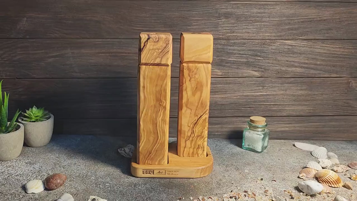 Olive Wood Salt and Pepper Grinder Set with Stand, Handmade Square Mills, Kitchen Gift