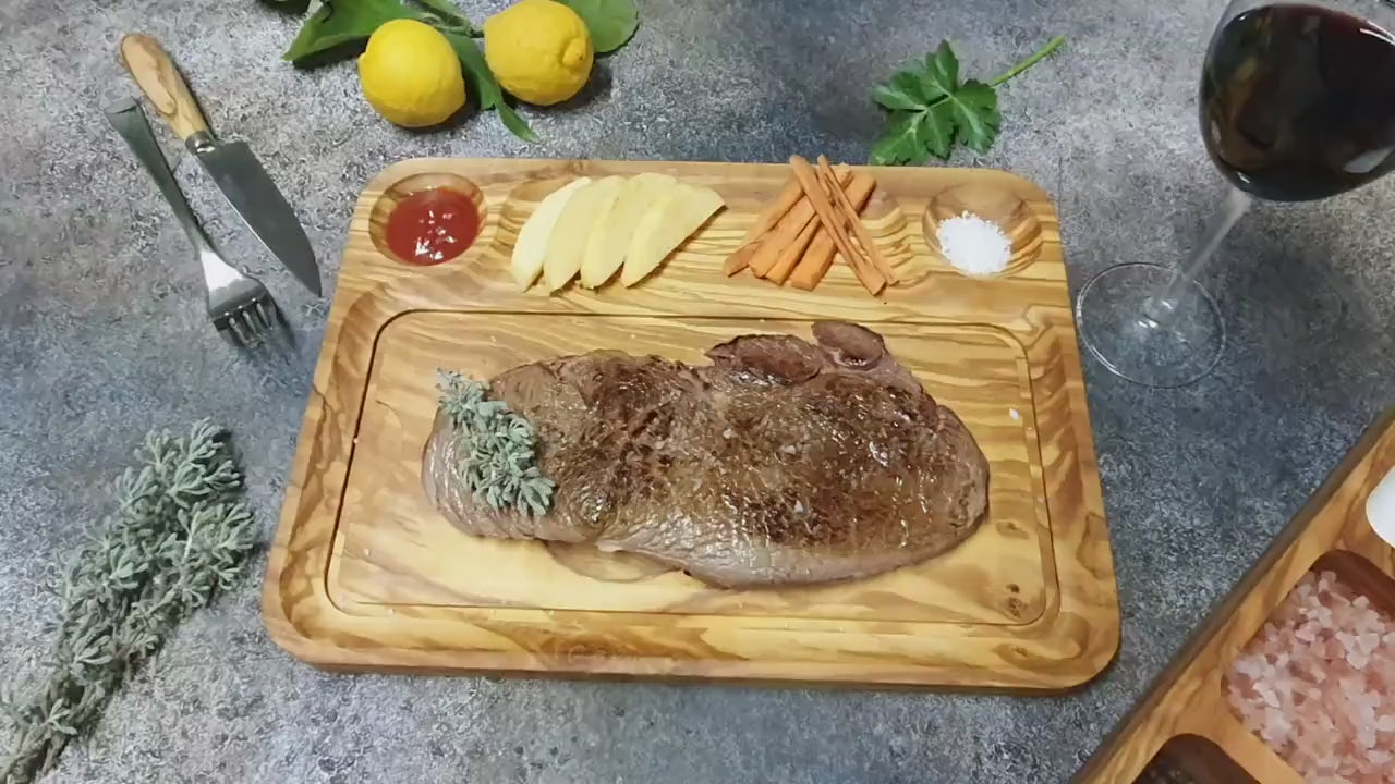 Steak Plate for Meat and Barbecues, Steak and BBQ Meals Serving Board, Steak Plate with Juice Channel, Olive Wood Serving Plate, Grill Plate