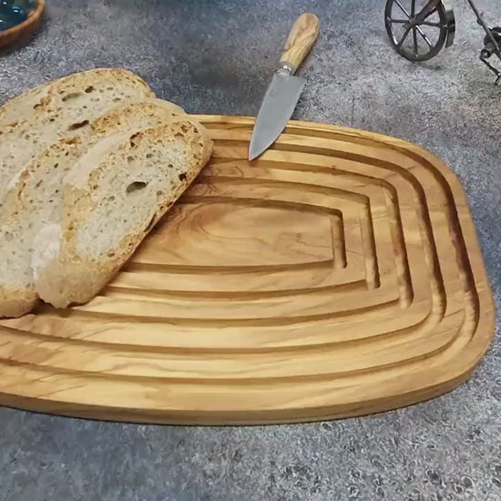 Olive Wood Bread Board with Crumb Tray | Handcrafted Artisan Cutting Board