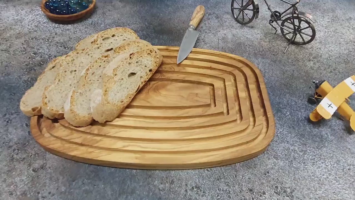 Olive Wood Bread Board with Crumb Tray | Handcrafted Artisan Cutting Board