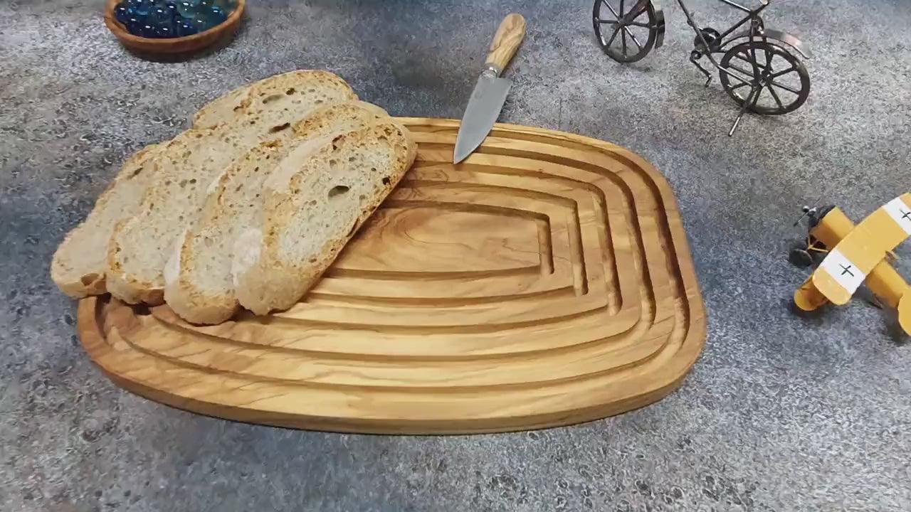 Olive Wood Bread Board with Crumb Tray | Handcrafted Artisan Cutting Board
