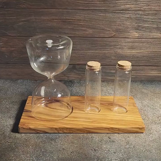 Rustic Wedding Unity Sand Set – Personalized Olive Wood Base, Hourglass & Vases